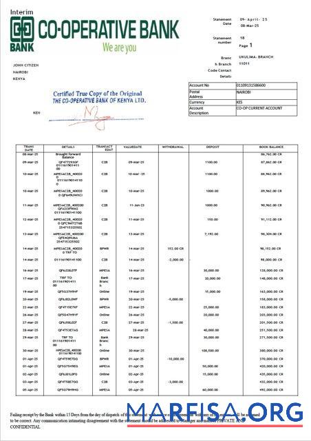 Downloadable Kenya Co operative bank statement word real example